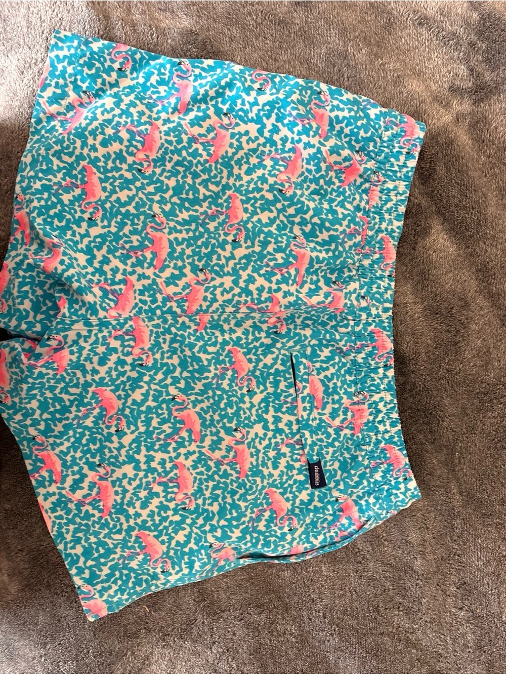 Turquoise Swim Shorts with Pink Flamingo Print